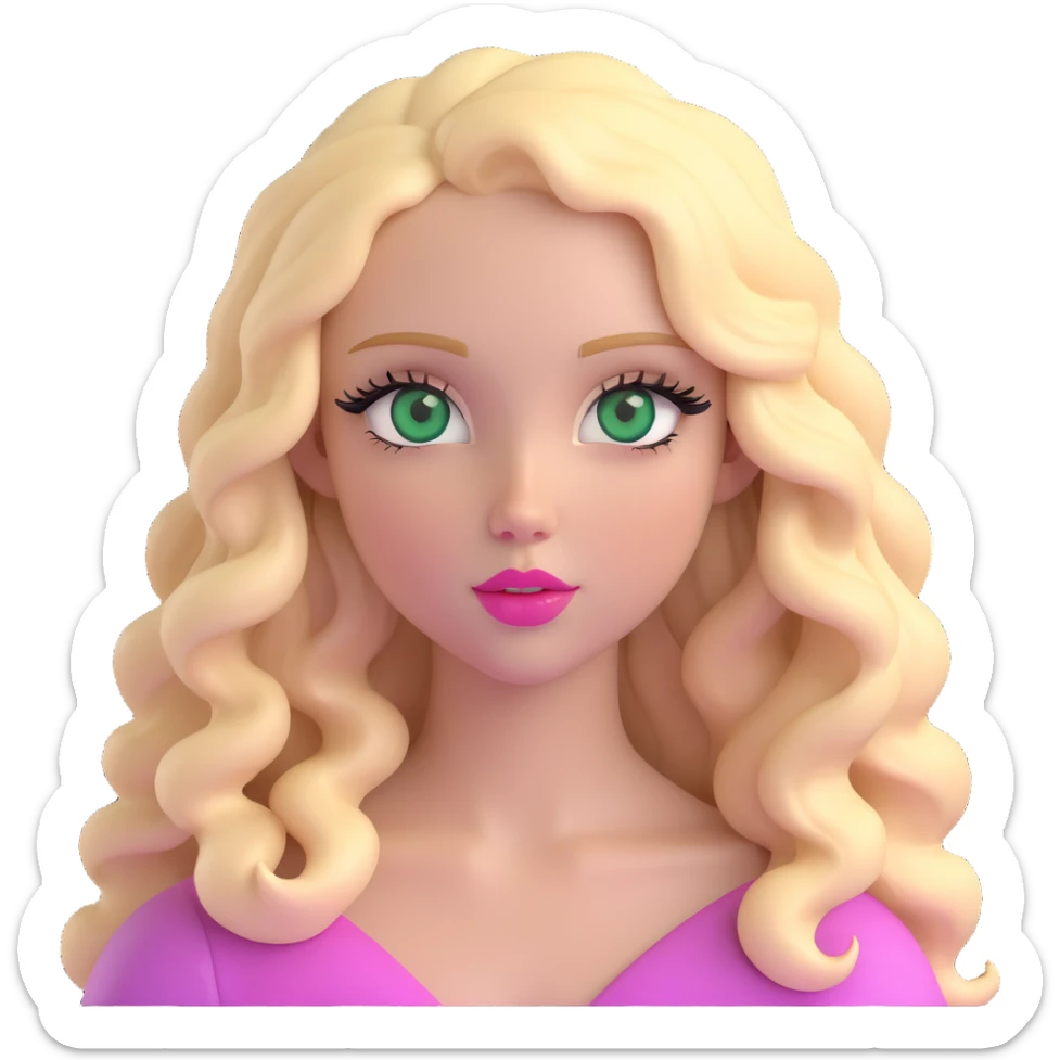 emoji of a girl with green eyes, long blonde wavy hair, long eyelashes, pink lips, neutral expression sticker