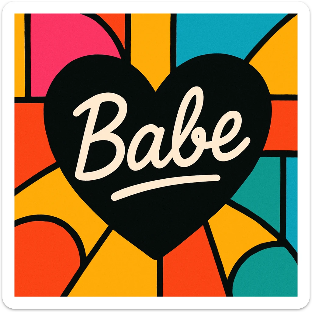 the word 'Babe' in white handwriting across a black heart, vibrant toon style, high contrast sticker