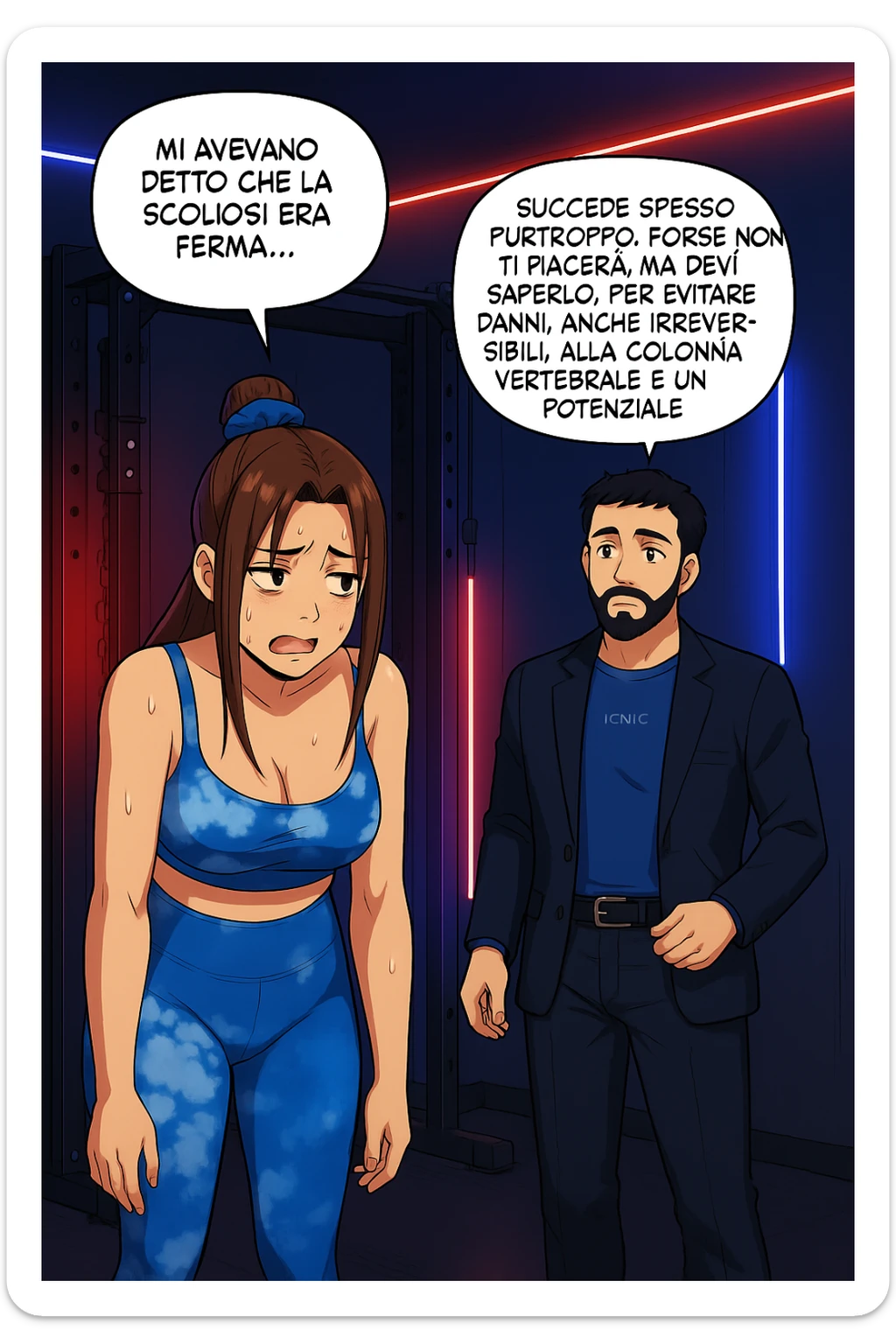 fai questa immagine in versione fumetto/manga/webtoon a colori, il manga mostra l'uomo che risponde alla donne:
Succede spesso purtroppo. 
Forse non ti piacerà ma devi saperlo, per evitare danni, anche irreversibili, alla colonna vertebrale e un potenziale intervento chirurgico. sticker