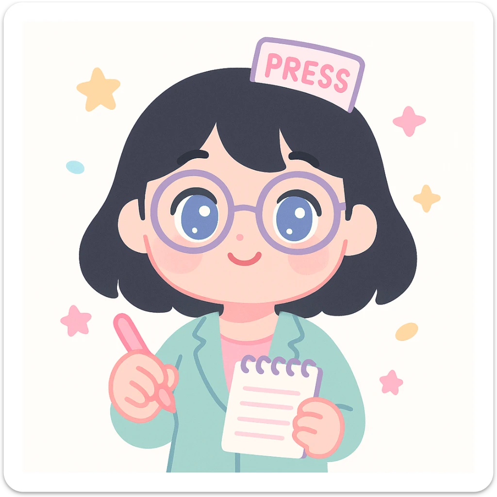 cute journalist woman with black hair, blue eyes, and glasses, holding a notepad and pen, friendly and approachable style sticker