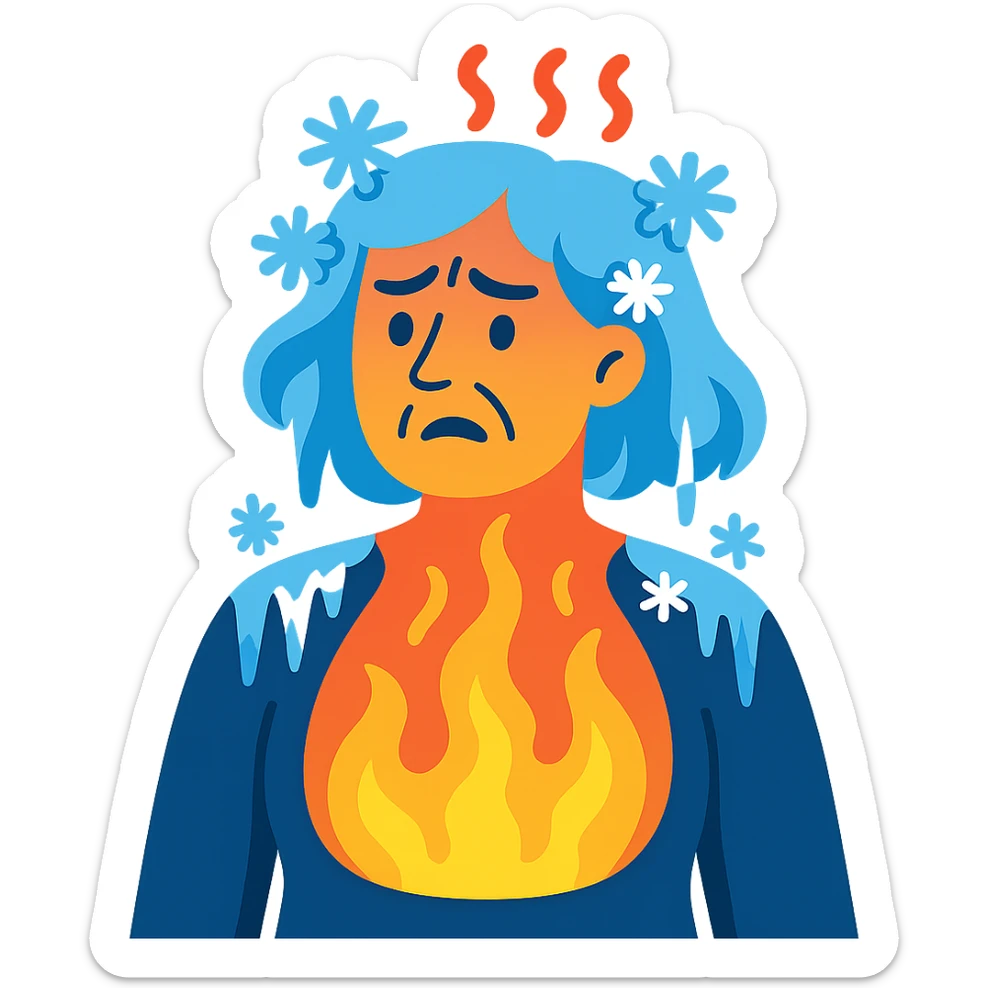 a cartoon woman with steam or fire inside her body and icicles or snowflakes on her hair and shoulders, showing menopause hot inside cold outside sticker