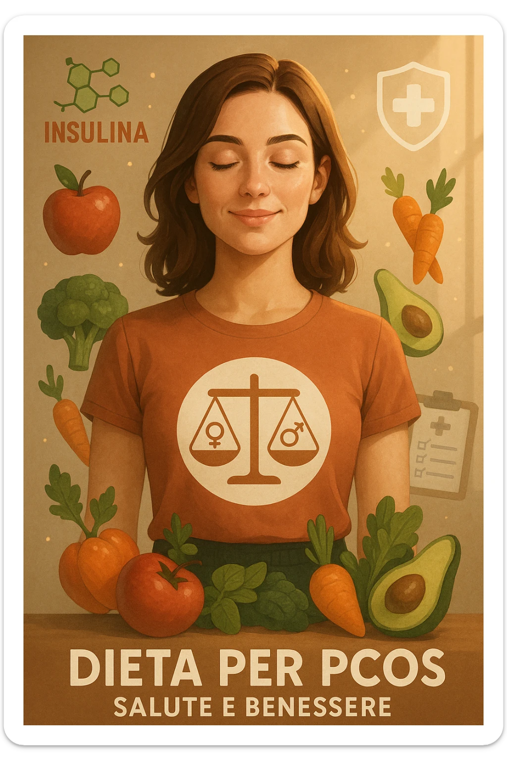 vertical cinematic illustration of a healthy-looking woman with regular insulin thanks to a diet for PCOS, visual elements of health and hormonal harmony, positive clinical atmosphere, Italian captions, aspect ratio 2:3 sticker