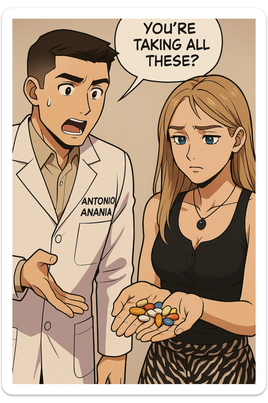 fai un webtoon/manga a colori con questo kinesiologo in camice bianco (fagli la scritta "ANTONIO ANANIA" SUL CAMICE) CHE PARLA CON QUESTA RAGAZZA CON GLI OCCHI AZZURRI. LA RAGAZZA HA UN PUGNO DI INTEGRATORI IN MANO (TANTE PILLOLE DIVERSE) E LE GUARDA DUBBIOSA. IL KINESIOLOGO CON IL CAMICE BIANCO LE DOMANDA UNA COSA SCIOCCATO. NON FARE I FUMETTI, FAI SOLO LORO COME SE DIALOGASSERO sticker