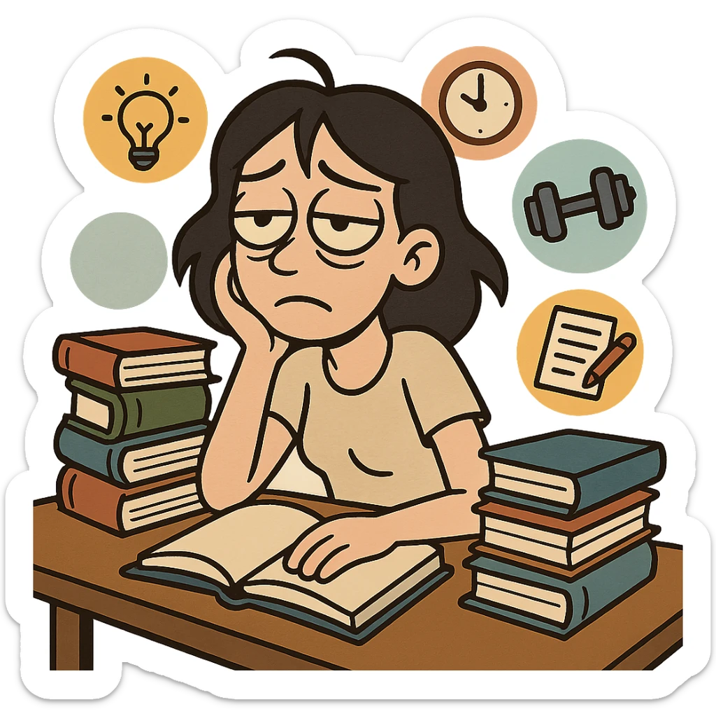 female with black hair, droopy eyes, surrounded by books and activity icons, flat toon style sticker