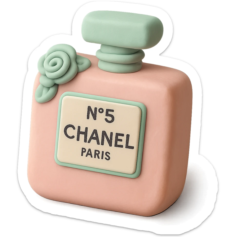 Chanel perfume bottle cake in fondant cake art style, pastel pink and mint, elegant and delicate sticker