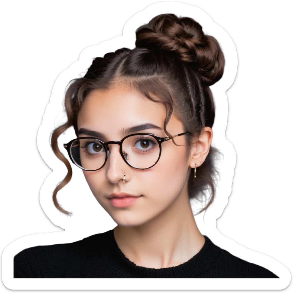 23-year-old girl with square thin glasses, brown curly hair in a high bun, big eyes and lashes, small nose and mouth, thin hoop nose piercing sticker