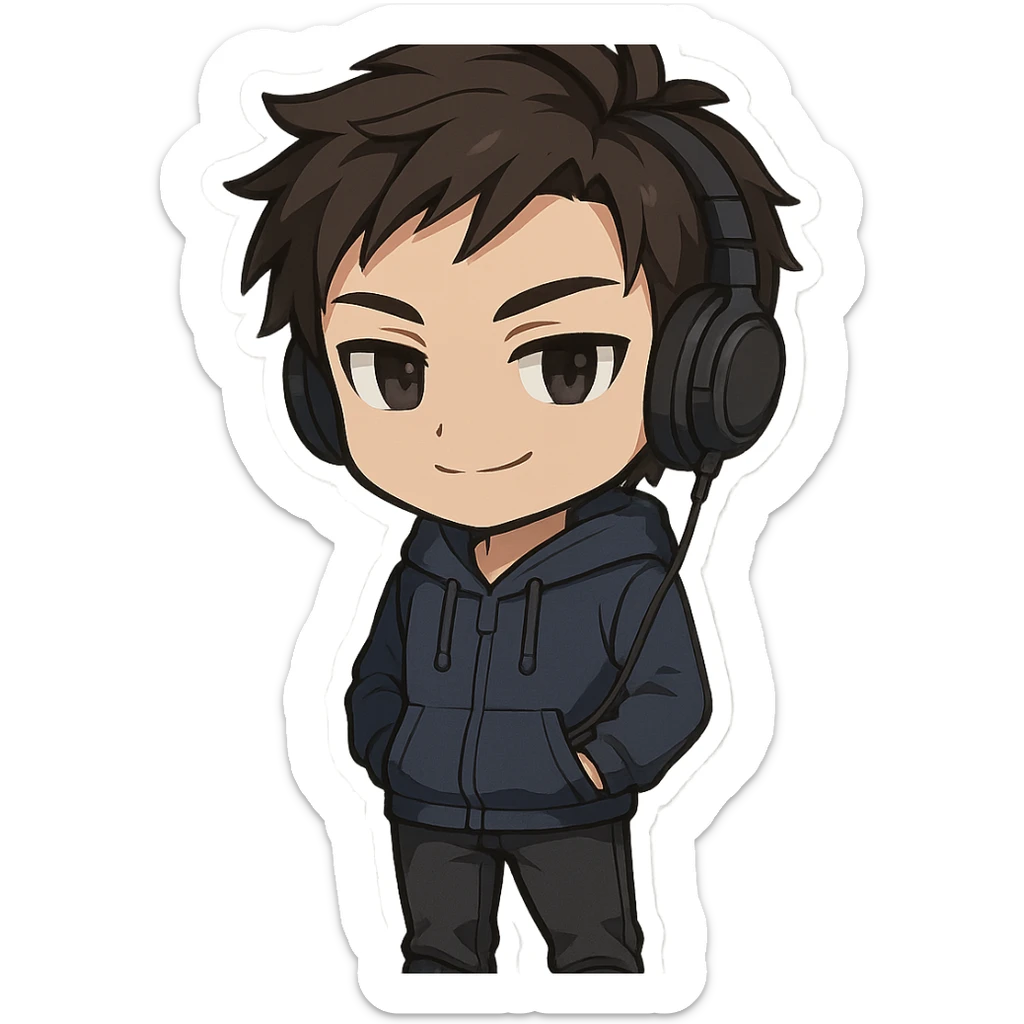 2D chibi anime style male character, cool, smiling, hands in pockets, wearing headphones with a visible wire sticker