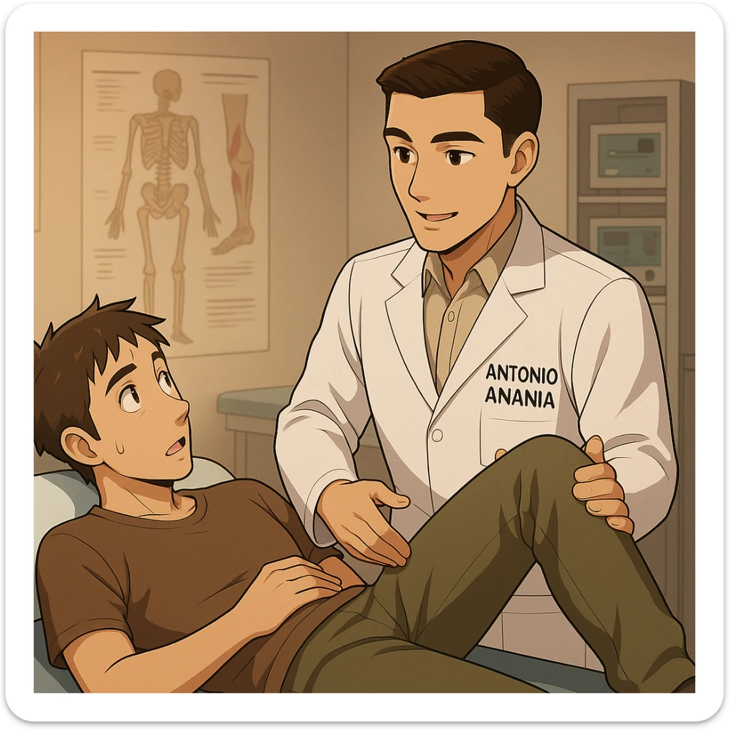 fai un webtoon manga a colori con questo stile, in cui un uomo è steso sul lettino medico e il kinesiologo con il camice bianco (fagli anche la scritta "ANTONIO ANANIA" SUL CAMICE, gli solleva una gamba per fargli il test neuromuscolare, IL KINESIOLOGO SPIEGA ALL'UOMO UNA cosa mentre gli alza la gamba. non fare i fumetti però, fai solo in modo che sembri stiano parlando sticker