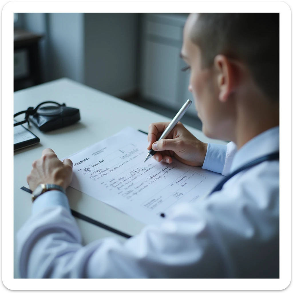 doctor filling out a prescription on letterhead, writing 'Dried pig thyroid', patient watching attentively, clinic environment, hyperrealistic 4K details sticker
