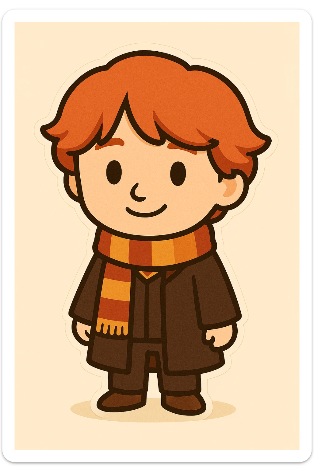 Full body illustration of Ron Weasley in a cute, cartoon, simplified style similar to the previous image: red hair, striped scarf, Hogwarts robe, friendly expression, bold black lines, and soft colors. sticker