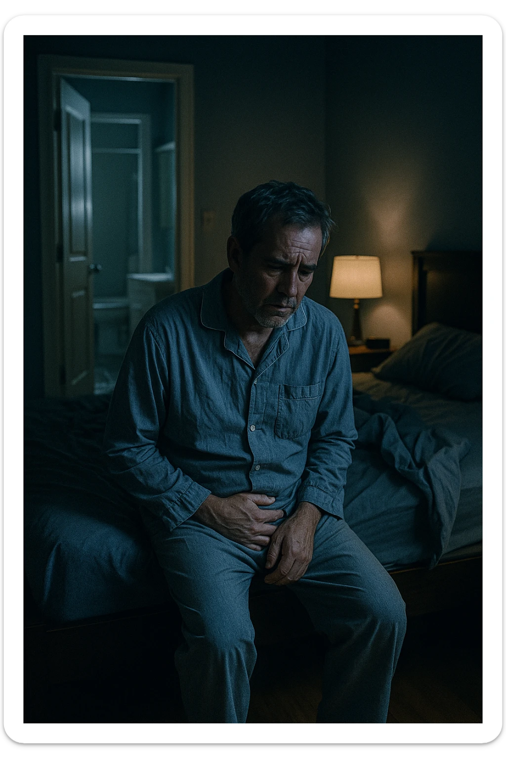 A nighttime scene inside a dimly lit bedroom. A man in his 50s sits stanco sul bordo del letto, con lo sguardo perso nel vuoto, mentre una luce fioca proviene dalla lampada sul comodino. Indossa un pigiama spiegazzato, e si tiene leggermente la zona bassa dell’addome. Dietro di lui, il letto è visibilmente disfatto, segno di sonno interrotto. Una porta socchiusa sullo sfondo mostra la luce accesa in bagno, con il pavimento riflettente che indica i numerosi passaggi notturni. Il tono è cupo ma realistico, con colori freddi, blu e grigi, e un leggero bagliore lunare che filtra dalla finestra. Stile: 35mm film, profondità emotiva, dettaglio ambientale. in italiano sticker