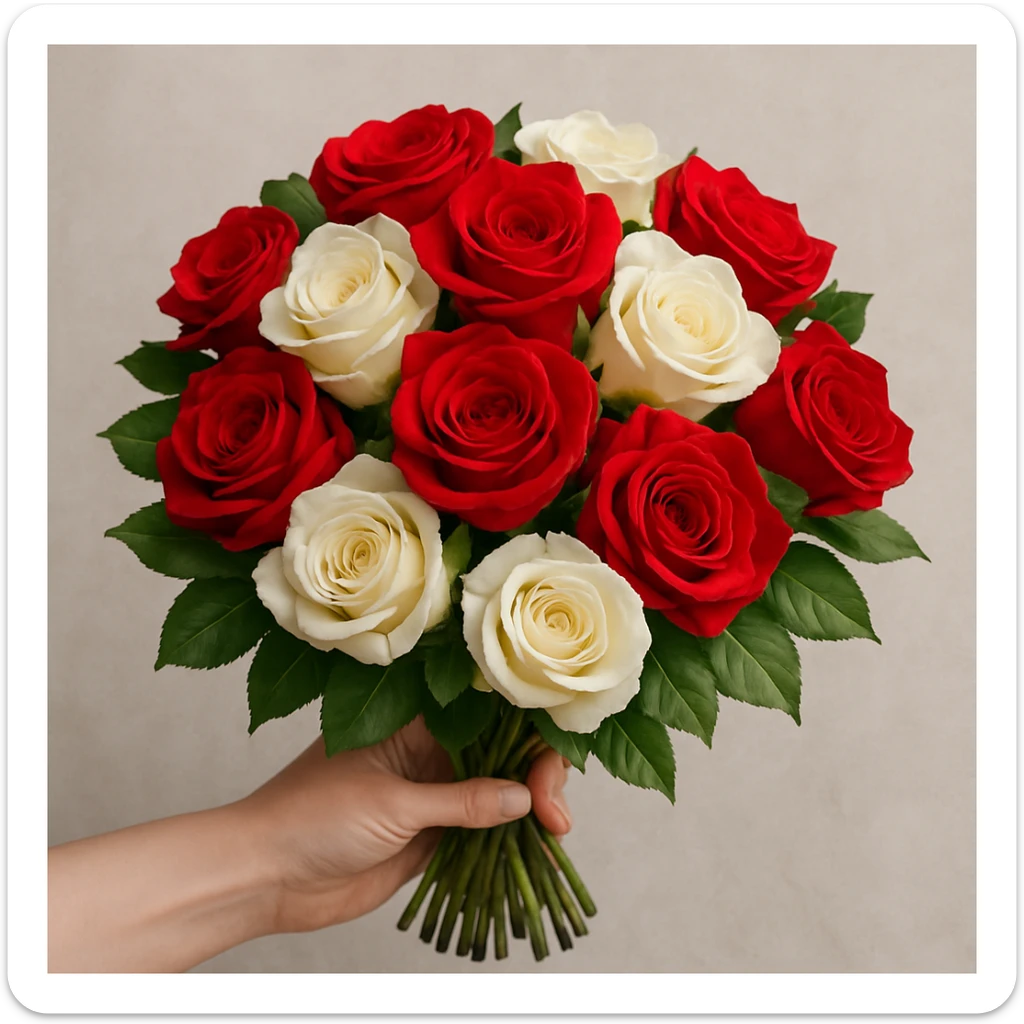 a hand-tied bouquet of red and white roses, vibrant and romantic, with green leaves sticker