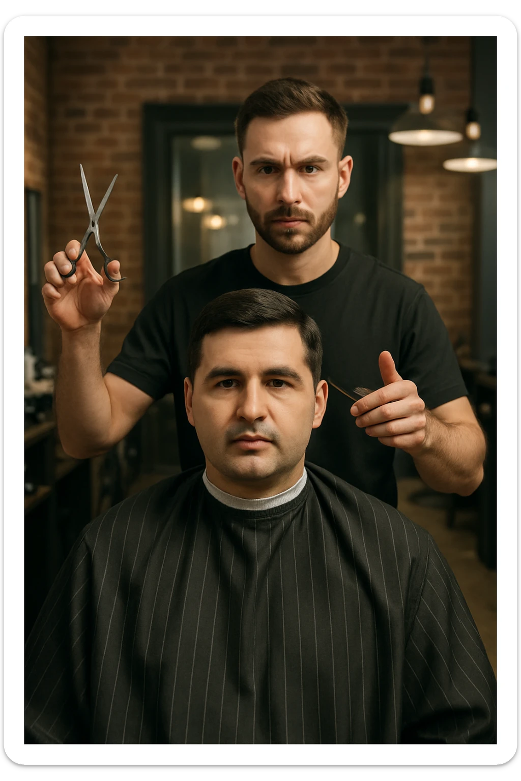 manashu akani yuzlaridan foydalanib sartarosh chizib bergin u soch olishga tayyor turganini chizib ber old rakursda bulsin mijoz tugriga qarab utirganini va sartarosh uni orqasida turib bitta ulida qaychi, ikkta quli bilan tayyorgarlik kurib turganini chizib ber xuddi 1,2,3 boshladik degandey birdaniga ishga kirishib ketadigan dek tayyor bulib tursin sticker