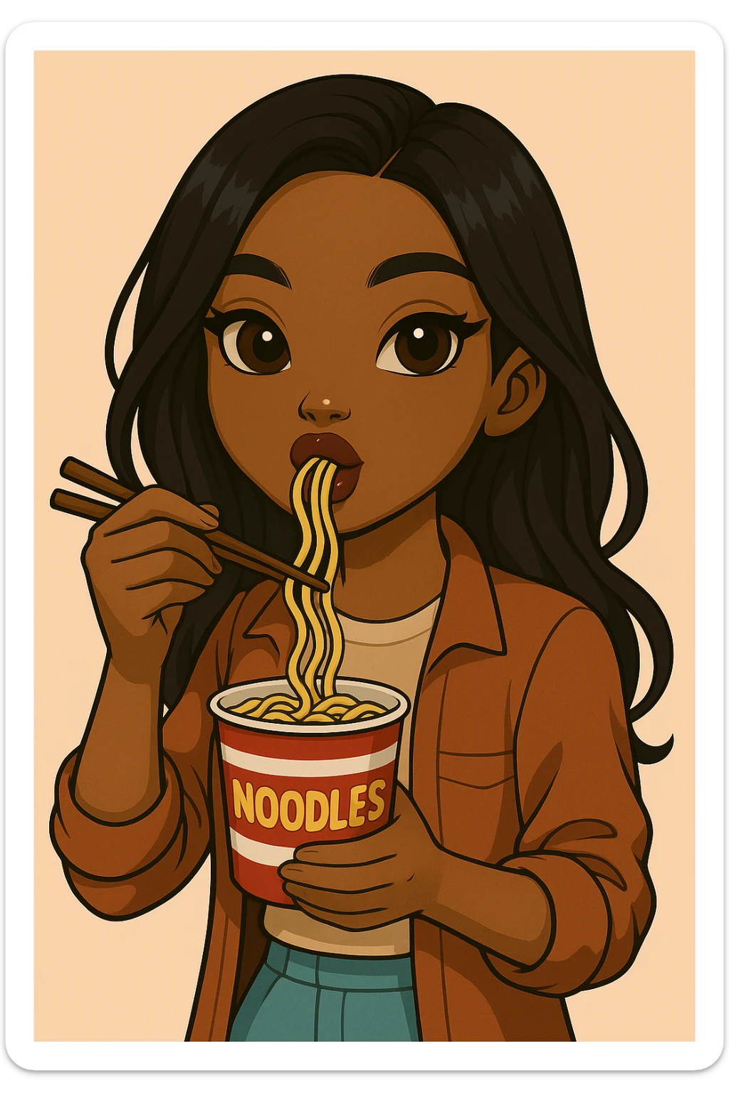 Change the pose to a 20-year-old anime Bratz style woman with dark skin, straight hair, trendy outfit, big expressive eyes, glossy lips, no hat, no tears, happy expression, looking straight ahead, eating a cup of noodles with chopsticks, headshot only. sticker