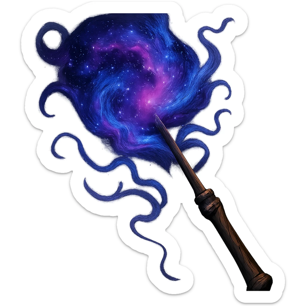 a wizard's wand topped with a vibrant nebula, swirling purples and blues, cosmic energy, fantasy illustration sticker