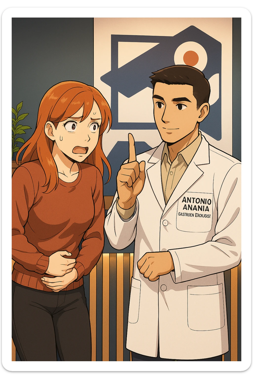 su questo stile fai un manga/webtoon a colori in cui una donna PREOCCUPATA FA UNA DOMANDA ALL'UOMO, l'uomo della foto in stile manga LE DICE DI "NO" CON IL DITO, mantieni un ambiente simile alla foto che ho allegato con il suo logo (sarebbe il suo studio, lui è un kinesiologo), scrivigli "ANTONIO ANANIA" sul camice bianco, non mettere fumetti, ma fai in modo che sembri che la donna CHIEDA ALLARMATA E L'UOMO LA TRANQUILLIZZI sticker