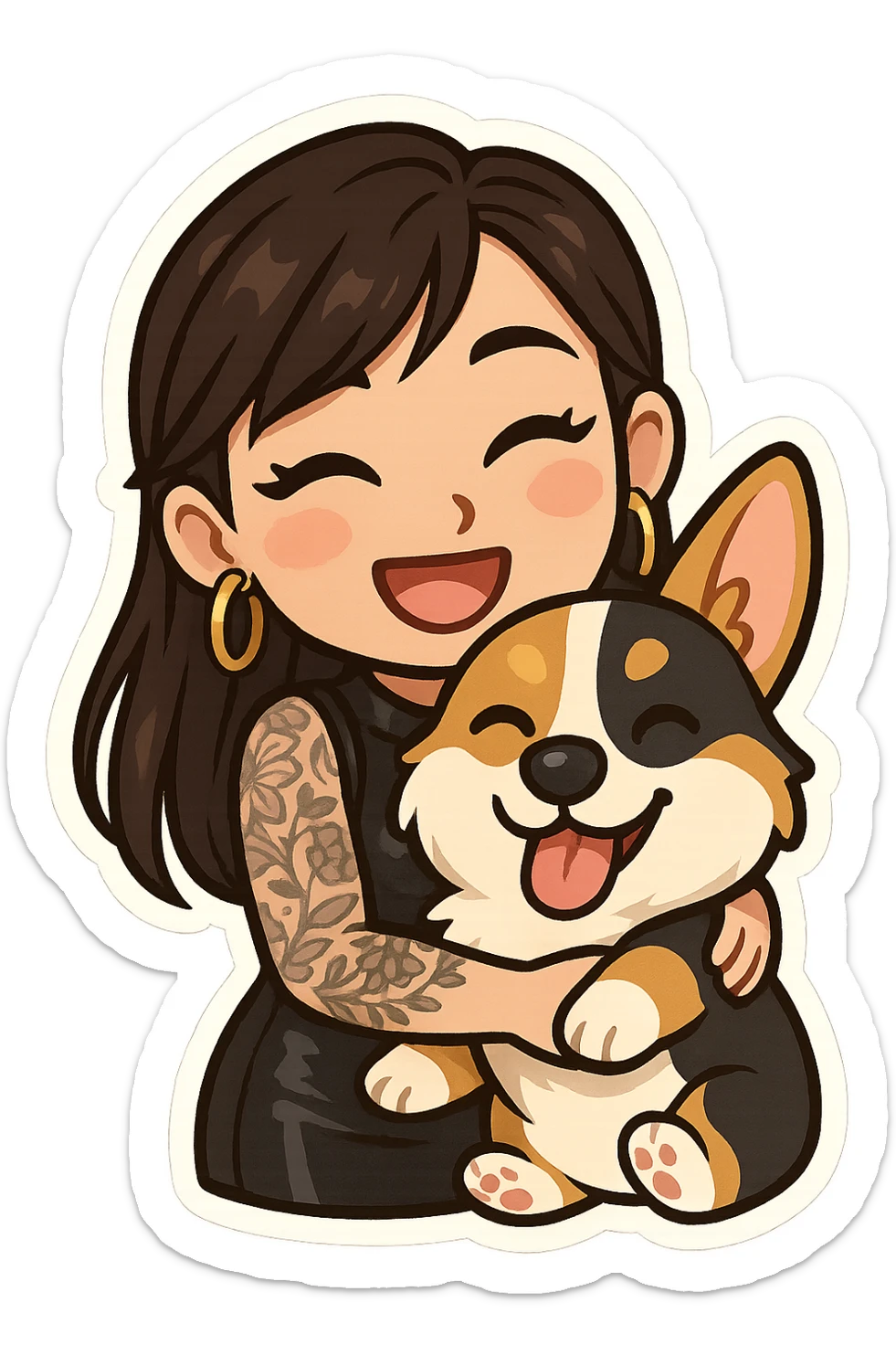 expressive emoji of an Asian girl wearing a black sleeveless leather dress with gold earrings, long hair with wispy deep side-parted bangs, false lashes, and a 3/4th sleeve tattoo on her left arm, hugging a happy tri-color Corgi, chibi stickers style sticker