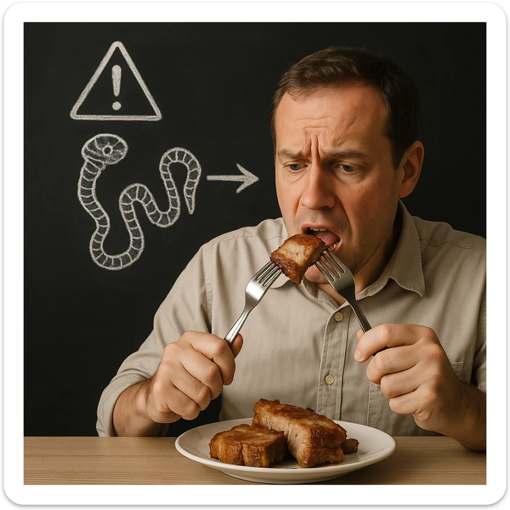 symbolic scene: man eating pork meat, behind him blackboard with drawing of tapeworm and brain connected by arrow, health alert atmosphere, 4K quality sticker