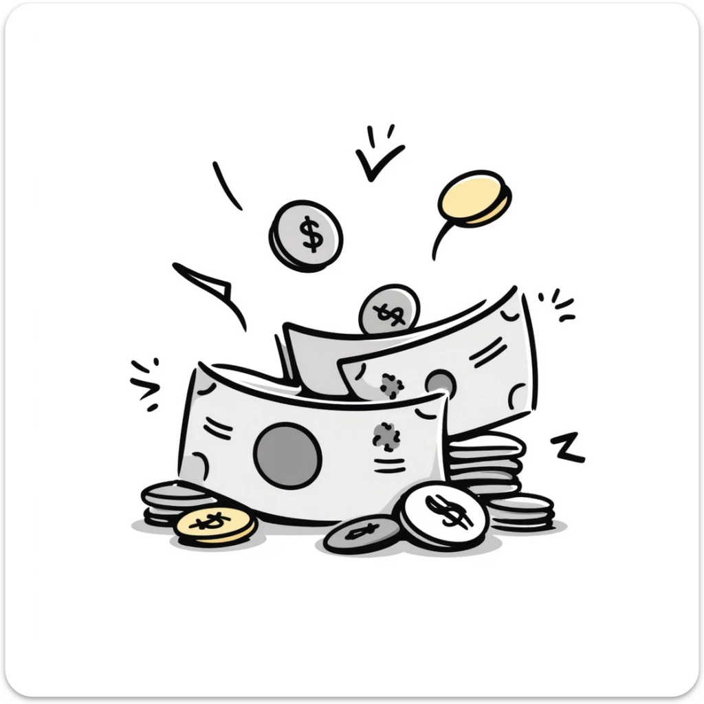 Money, cash, bills and coins in pastel colors (dd9fb0, ffc6d3, a3bfc9, c4bee2, f1b091), hand-drawn doodle style sticker