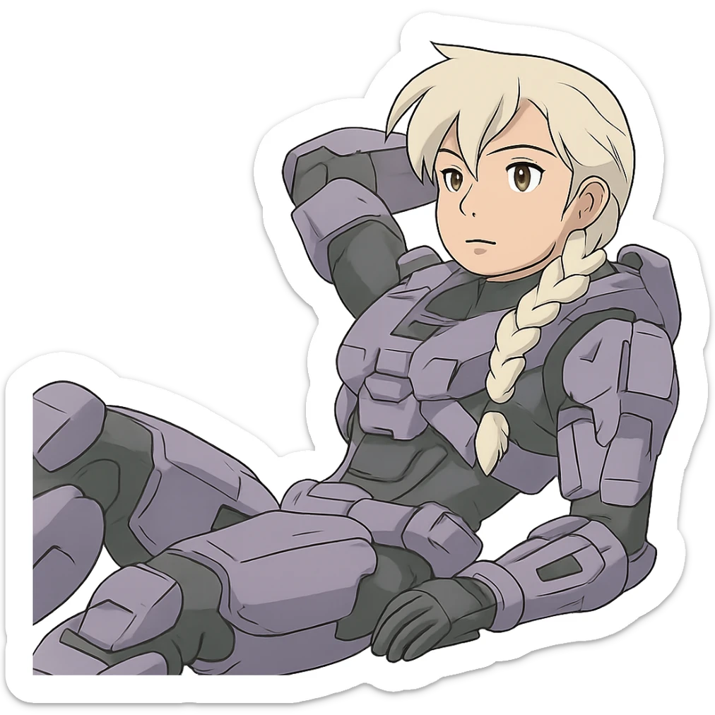 female, wearing reach spartan armor shoulder-unequip, long white braid hair with massive messy front side single bangs, gold yellow eyes, attention pose, HALO:series, no helmet, the armor is lavender color scheme, laying back and relaxing sticker