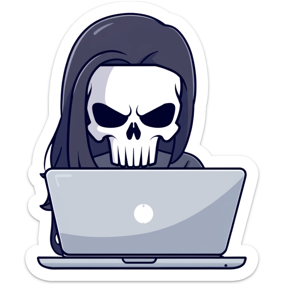 girl Punisher skull with straight long black hair typing on laptop sticker