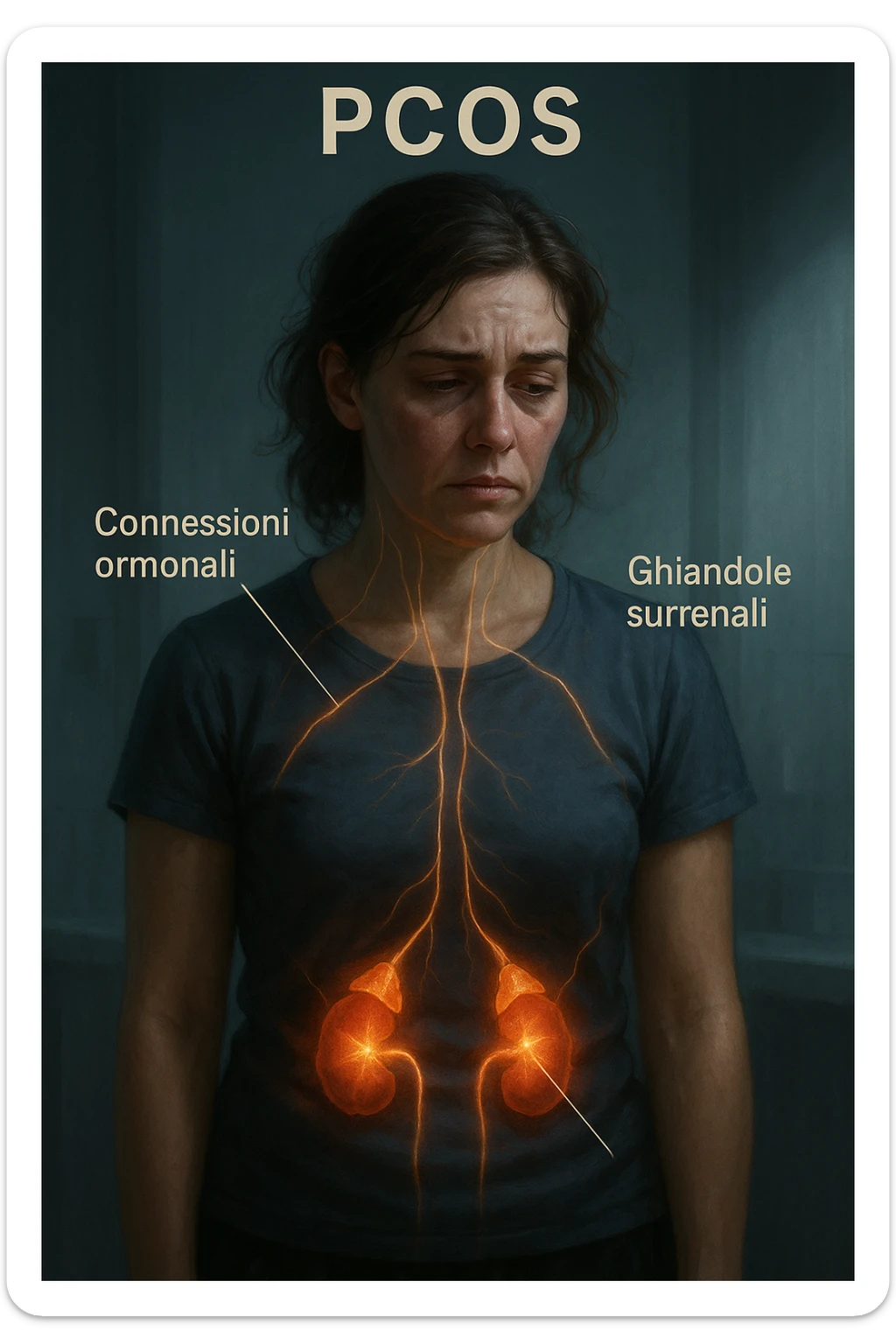 realistic and cinematic vertical illustration of a woman with PCOS (polycystic ovary syndrome), stress originating from adrenal glands, adrenal glands highlighted, hormonal connections visible towards the body and face, face showing signs of stress, Italian captions, clinical atmosphere, dramatic lighting, aspect ratio 2:3 sticker