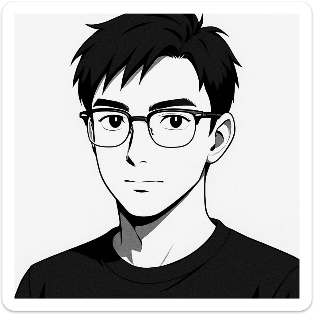 Create a half portrait in black and white anime style of an Asian male age 25, wearing Ray-Ban half frame glasses and a black t-shirt. Maintain the anime aesthetic with clear facial features and the specified accessories. sticker