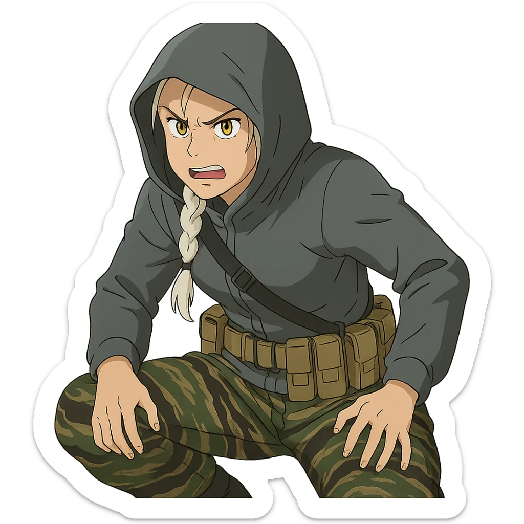 1 female, mid-20's  white hair long braid, gold yellow eyes, gray waterproof tactical shirt hoodie, hood up, single point sling, tan mag pouches on belt rig, tiger stripe camo pants, crouching, angry expression sticker