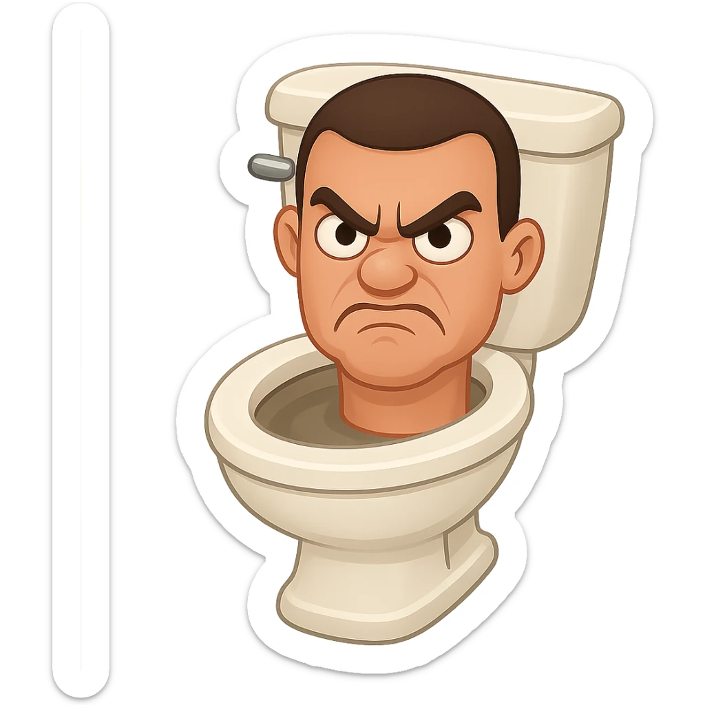Create an image in the style of apple emojis of a toilet with a cartoonish, exaggerated head emerging from the bowl, looking angry with furrowed brows and a scowl. Use a transparent background. sticker