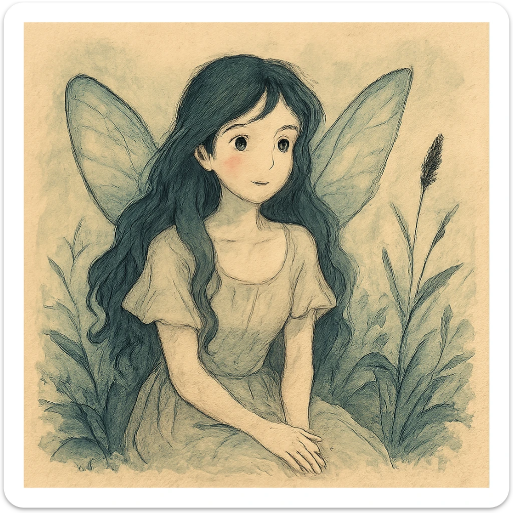 realistic whimsical black, blue and cream, natural colors, soft, fairy-like atmosphere, no background, square size sticker