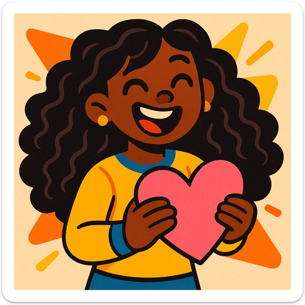 A cute black girl with long curly hair holding a pink heart, vibrant toon style, bright and lively colors, dynamic and fun sticker