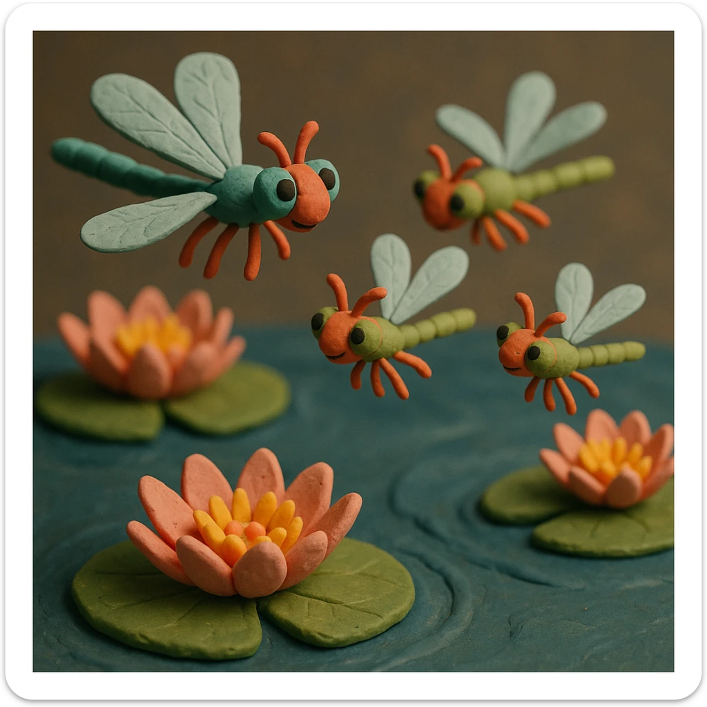 claymation style dragonfly family flying in a circle above water lilies, colorful and whimsical, soft lighting sticker
