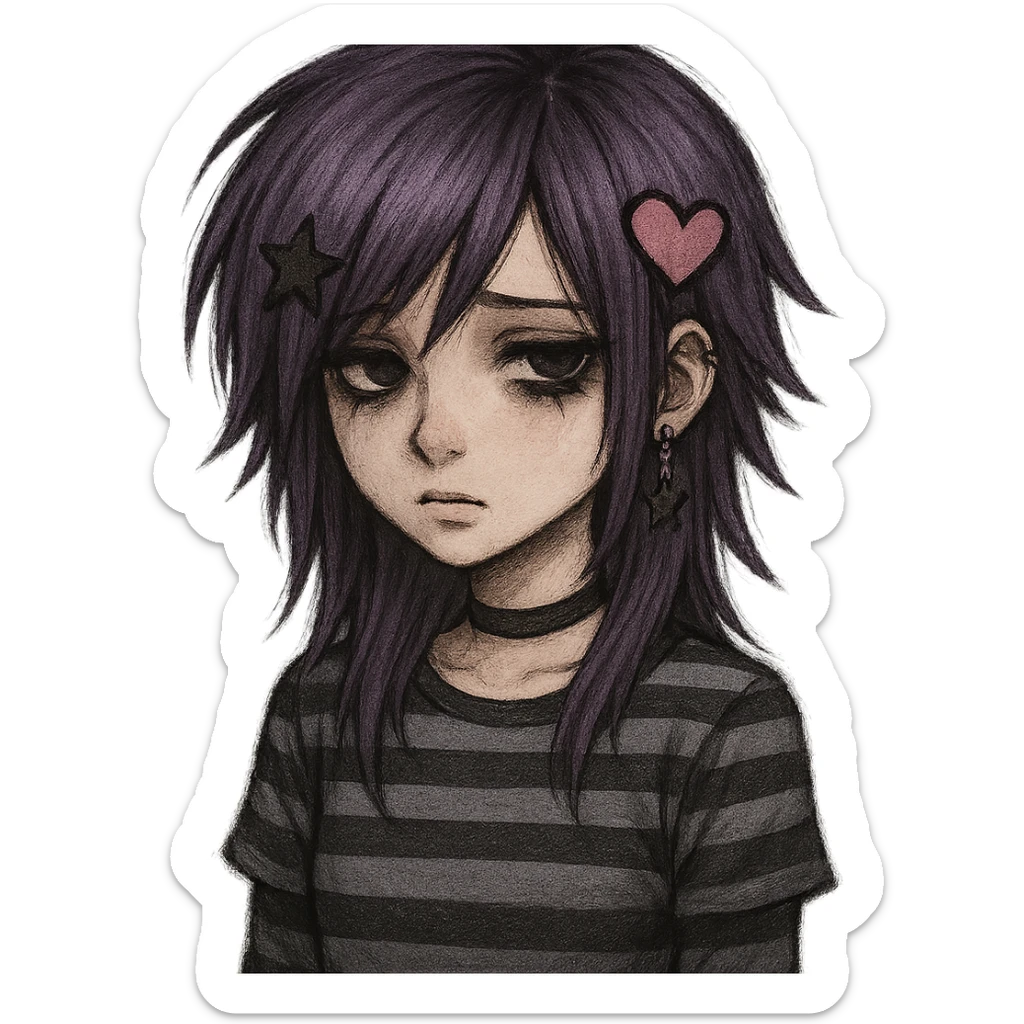 purple-haired emo girl, striped shirt, layered haircut, heart and star accessories, melancholic vibe sticker