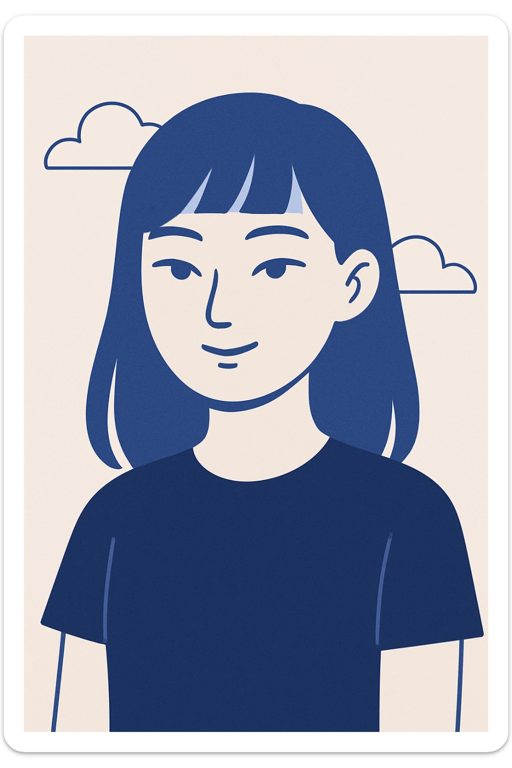 a girl with narrow Asian blue eyes, brown hair, and a small bang below her shoulders, wearing a black T-shirt, clean modern illustration style sticker