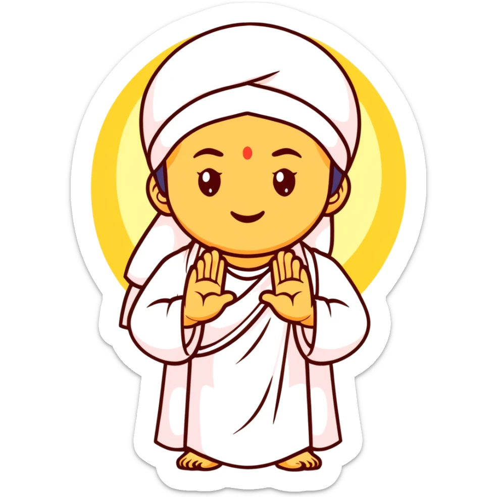 Sai Baba of Shirdi emoji, serene face, white robe and headscarf, golden halo, round emoji face, minimal and symbolic, right hand raised in blessing with two fingers up, pastel background, clean vector, glowing eyes, spiritual, sticker style sticker