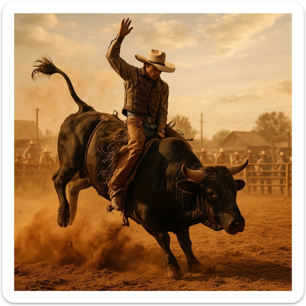 rodeo scene with cowboy riding a bucking bull, energetic, dust flying, western theme sticker