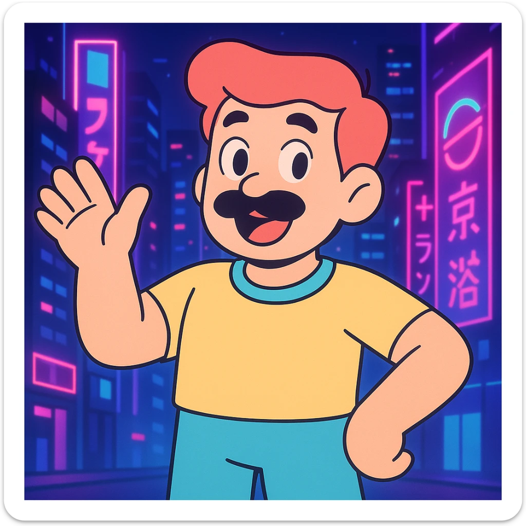 Add a neon city background, keep the 90's anime style and all original colors and lighting sticker