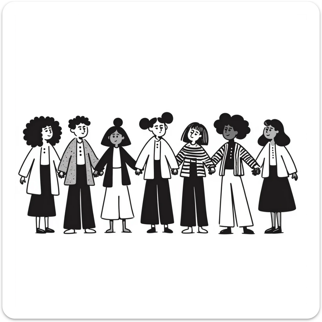 Hand-drawn illustration of people of different skin colors and ethnicities holding hands in a line, symbolizing integration and unity sticker