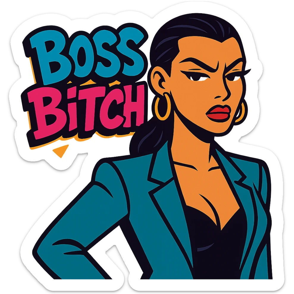 stern, sexy woman with slicked-back hair with 'Boss Bitch' in graffiti font in vibrant toon style sticker
