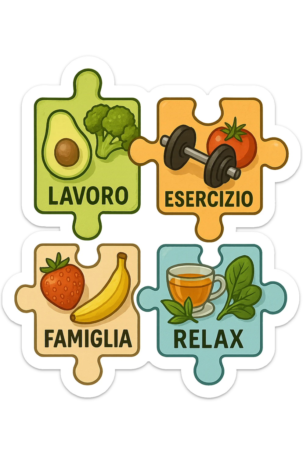 Puzzle (Lavoro, Esercizio, Famiglia, Relax), and healthy foods are integrated into each piece. in italiano sticker