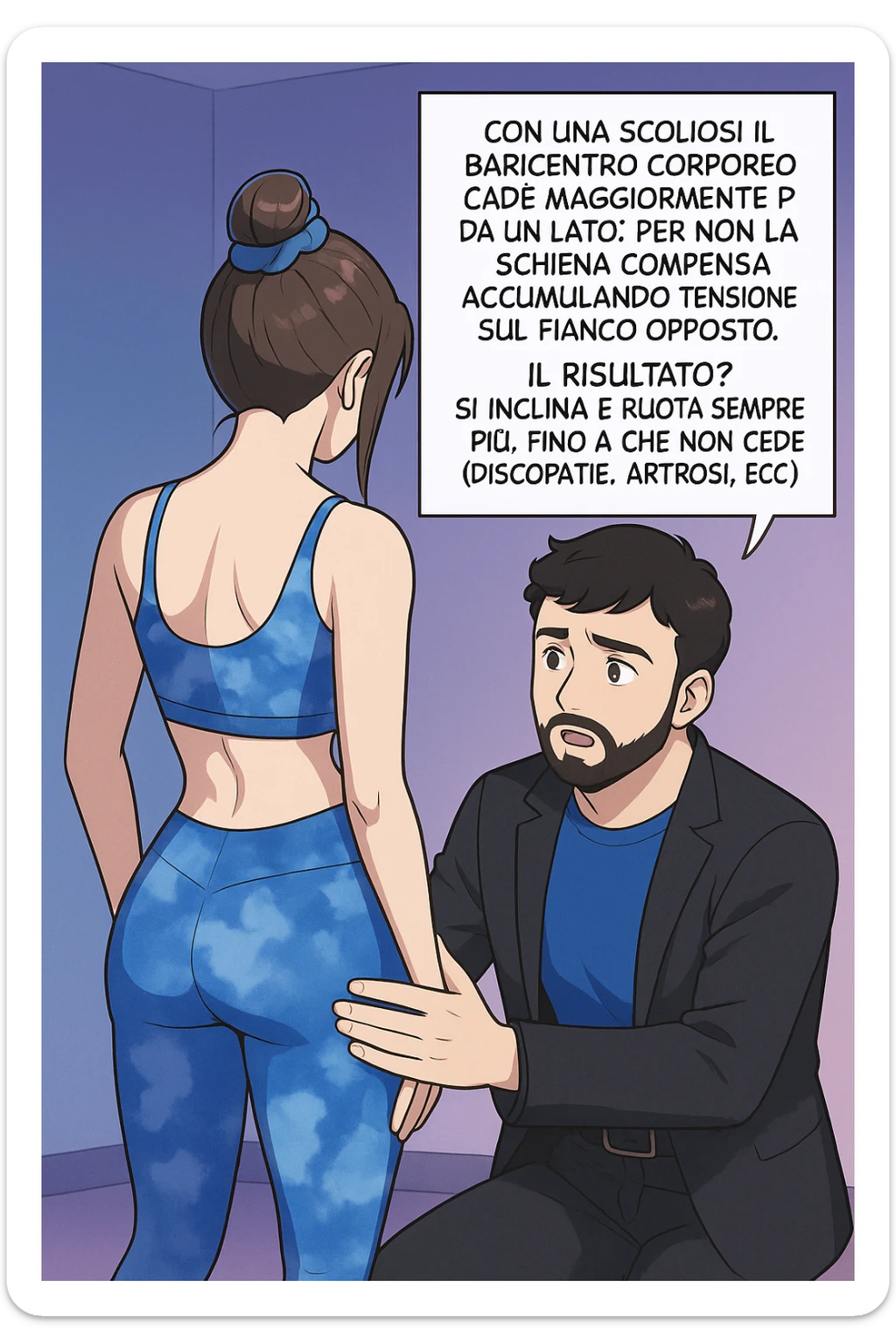 fai questa immagine in versione manga/webtoon a colori, il manga mostra la donna di spalle, mentre l'uomo le tocca la spina dorsale per spiegarle come funziona la scoliosi:
Con una scoliosi il baricentro corporeo cade maggiormente da un lato; per non cadere la schiena compensa accumulando tensione sul fianco opposto.
Il risultato? Si inclina e ruota sempre più, fino a che non cede (discopatie, artrosi, ecc) sticker