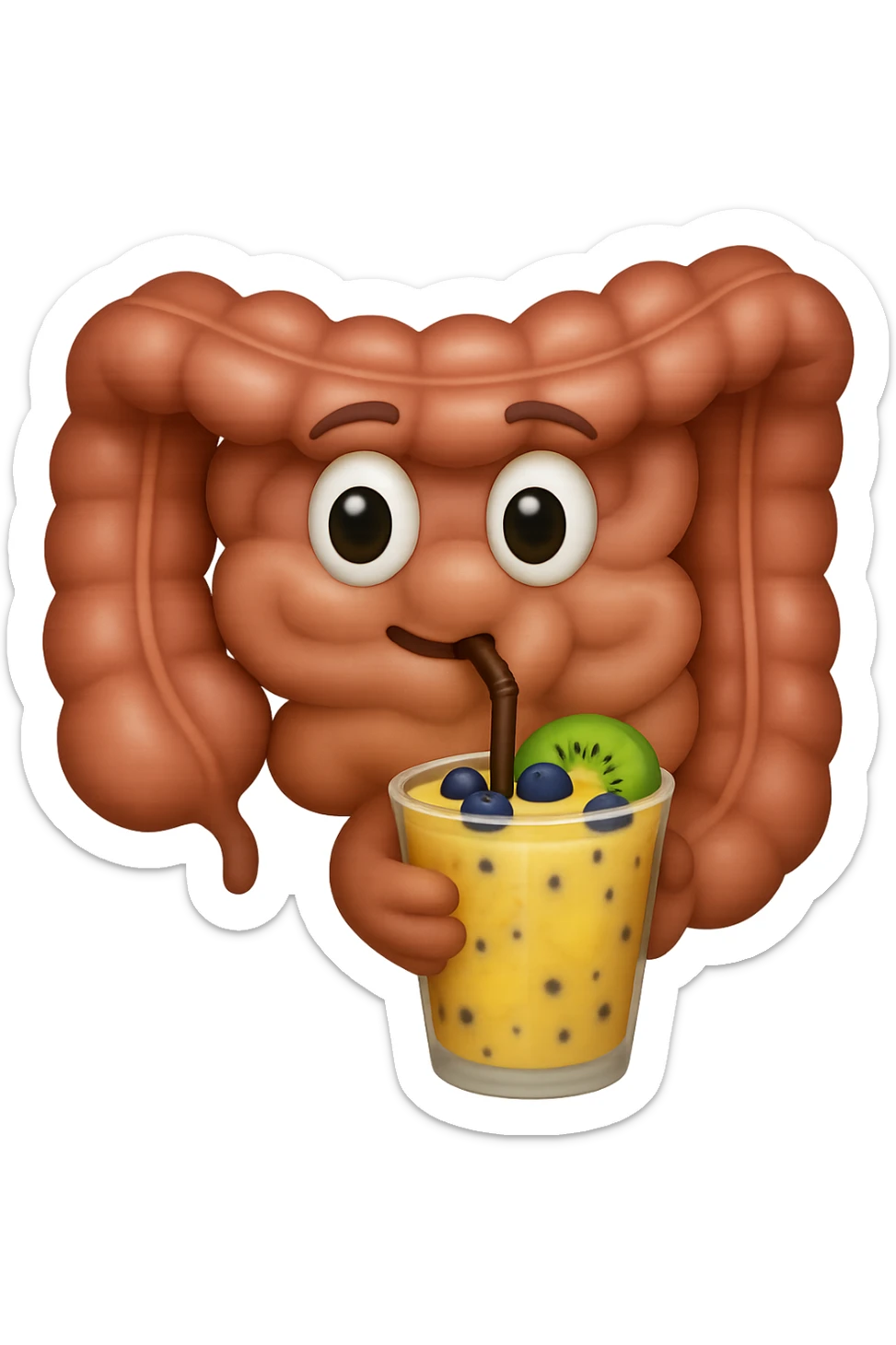 EMOJI STILE IPHONE DI un intestino umano anatomico che beve un frullato di mirtilli, ananas, kiwi, fagli anche la parte bianca degli occhi, non solo le pupille, REALISTICo 4K sticker