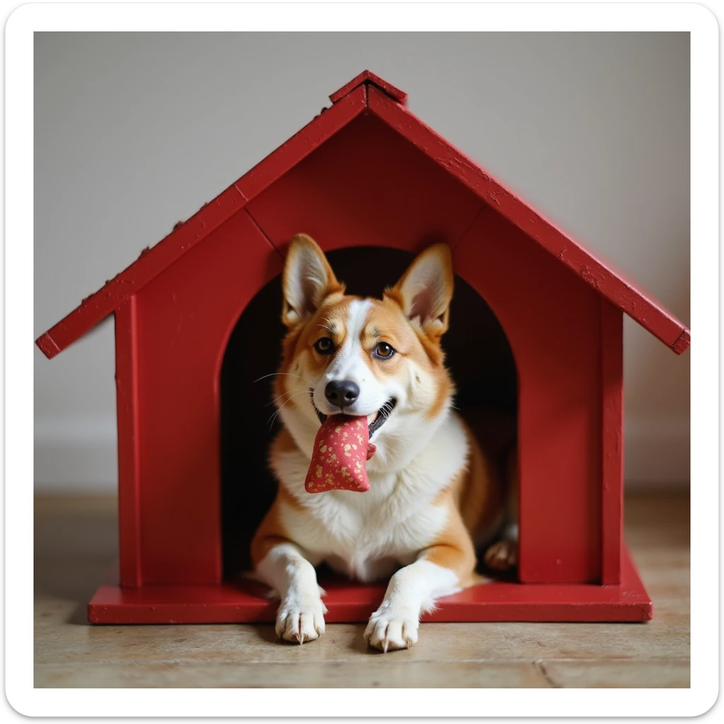 realistic red dog house with a Corgi dog inside, Corgi with a squeaky toy, photorealistic style sticker