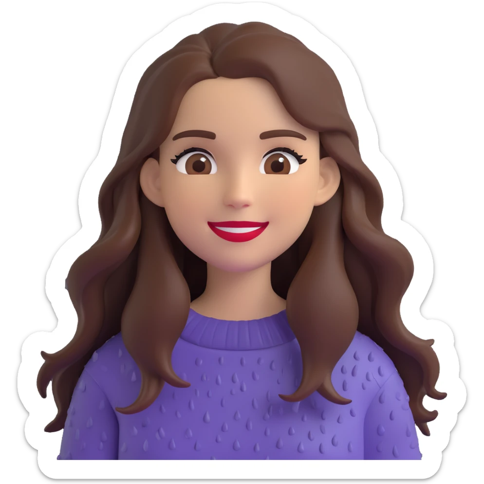 white woman with long brown hair and brown eyes, wearing a sweater, smiling in the rain, with long eyelashes and red lips, 3D emoji style sticker