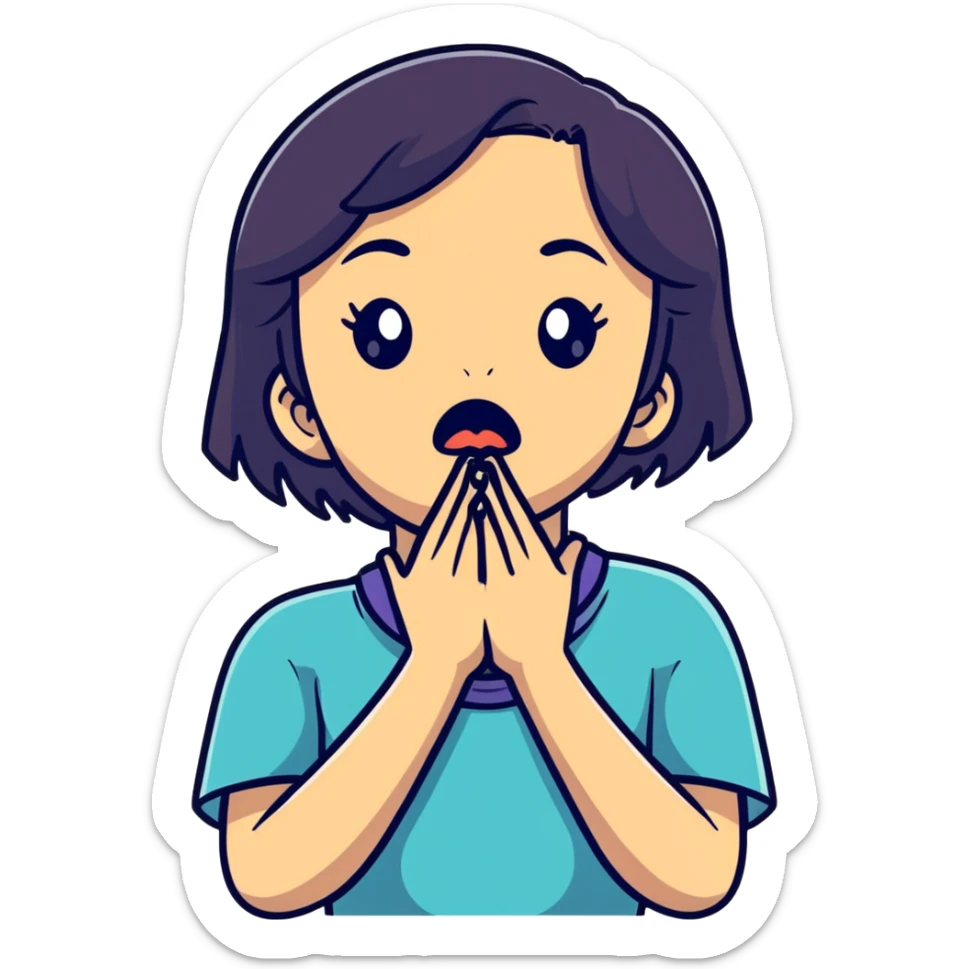 cartoon style girl showing emotional distress, hands at her throat, exaggerated facial features sticker