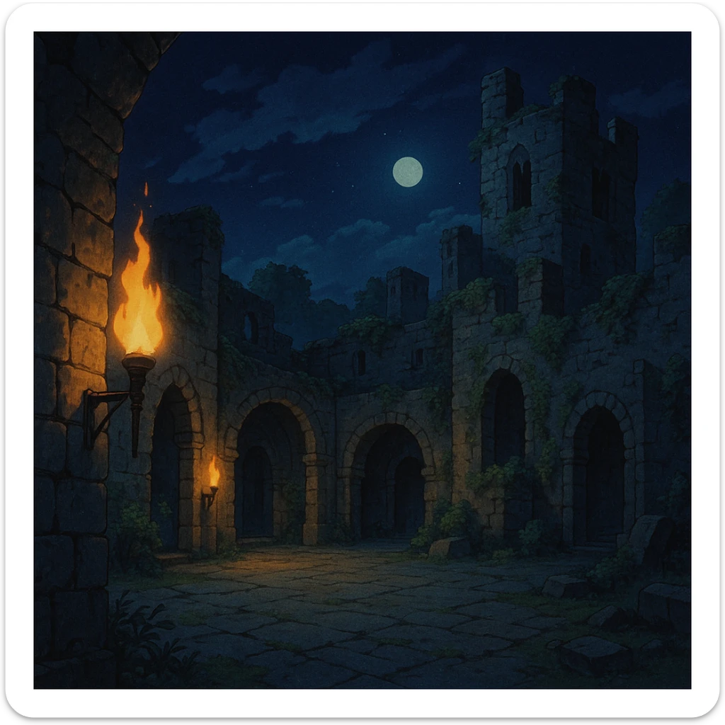 Midnight castle ruins torchlit courtyard sticker