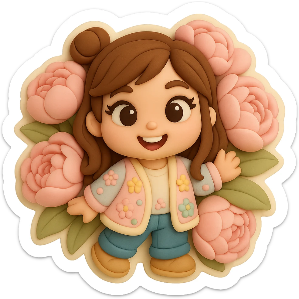 3D chibi fondant cake art style, high-quality rendering with smooth shadows and soft gradients. Girl based on reference image with preserved facial features and eye shape, long brown hair in two space buns, brown eyes, jeans, pastel floral cardigan, shoes, thick white outline like a sticker, transparent background. Only her happy head peeks out from a huge bouquet of soft pink peonies. Ensure the face, hairstyle, eye shape, and shoes match the reference exactly. sticker