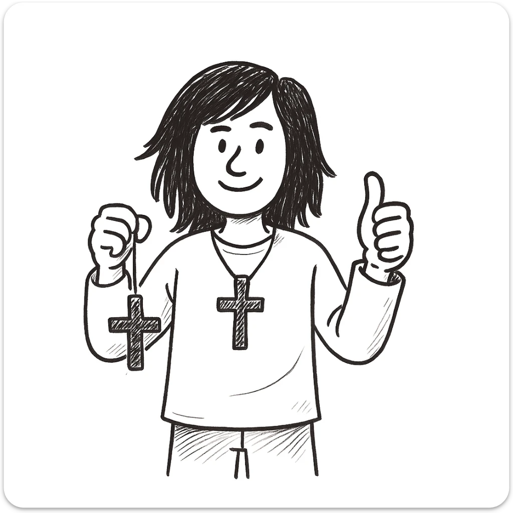 Make the person a boy with long brown hair, holding a cross and giving a thumbs up, in a hand-drawn doodle style. sticker