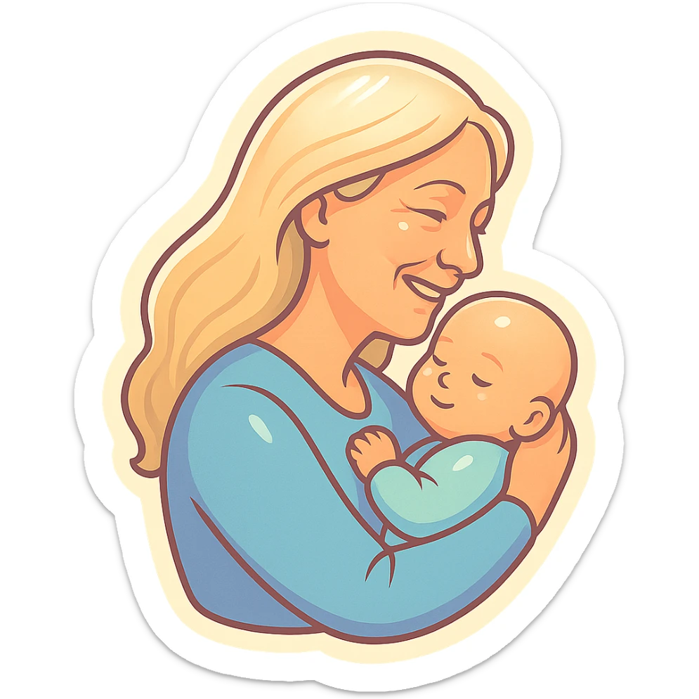 mature woman with long light hair holding a baby in her arms, smiling, side view, close-up, thin clean outlines, soft rounded shapes, pastel palette, retro sticker aesthetic, detailed shadows and highlights, soft lighting sticker