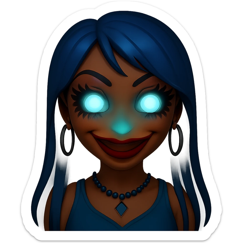 Add glowing eyes to the character, keep the creepy gyaru style with blue hair and pretty makeup, bratz baddie vibe, in emoji style with no background. sticker